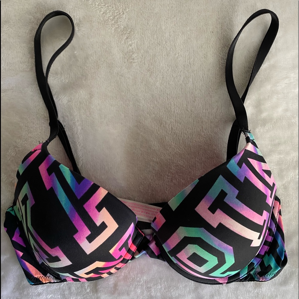 Victoria’s Secret PINK Wear Everywhere  Push Up Bra 34B EUC | Black Pink Graphic